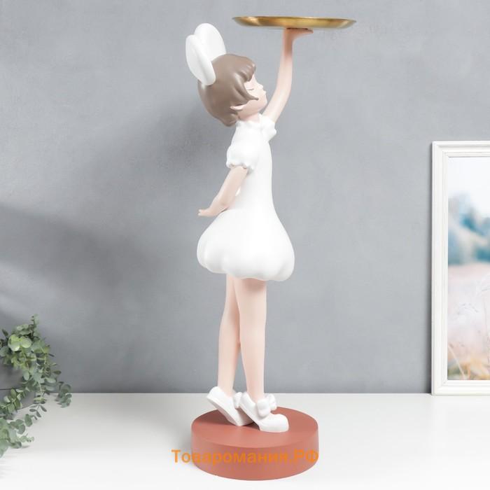 Сувенир полистоун подставка "Малышка с ушками, в белом платьице с блюдом" 81х40х40 см